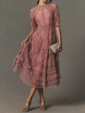 Anthropologie Mac Duggal 8058 Pink High Neck Micro Ruffle Tiered Midi Dress